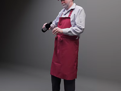 Man Wearing Red Cap In White Shirt And Red Apron Holding Black Bottle 3d model