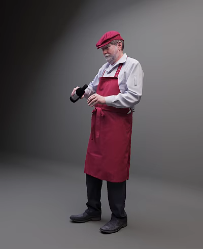 Man Wearing Red Cap In White Shirt And Red Apron Holding Black Bottle 3d model