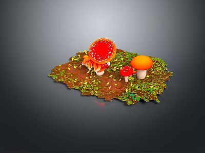 3D Rendered Mushroom Scene With Red Spotted Orange Small Red Mushrooms On Green Brown Ground 3d model