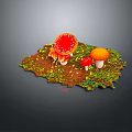 3D Rendered Mushroom Scene With Red Spotted Orange Small Red Mushrooms On Green Brown Ground