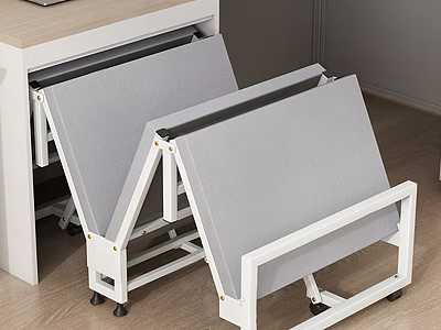Foldable Single Bed With Gray Mattress And White Frame By Desk On Wooden Floor 3d model