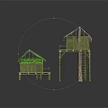 Cartoon Scene of Bamboo Houses with Green and Thatched Roofs and Stilt Structures