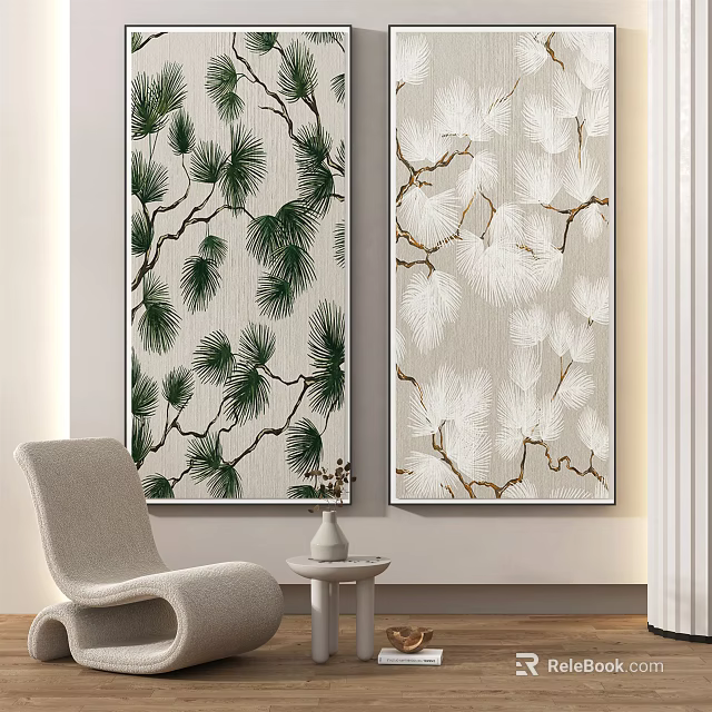 Interior Wall Art With Green Pine And White Branch Paintings Near Chair And Side Table 3d model 