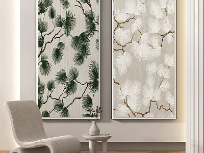 Interior Wall Art With Green Pine And White Branch Paintings Near Chair And Side Table 3d model