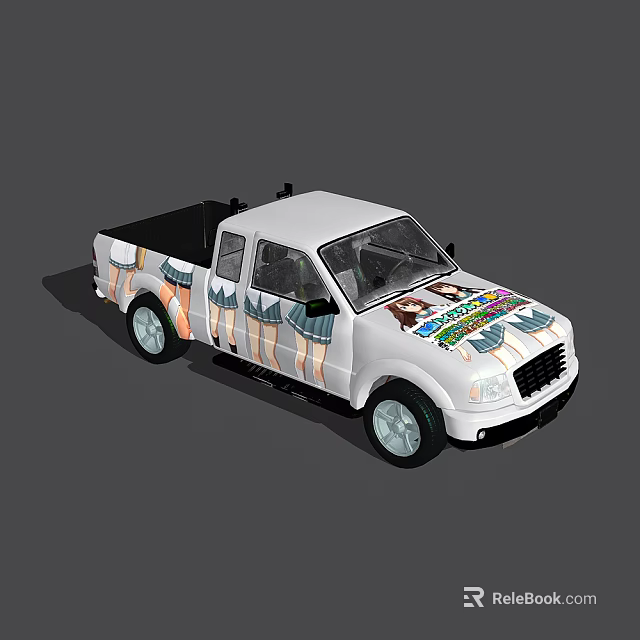 White Pickup Truck With Colorful Cartoon Graphics On Exterior Body 3d model 