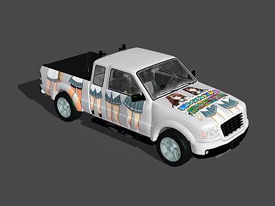 White Pickup Truck With Colorful Cartoon Graphics On Exterior Body 3d model