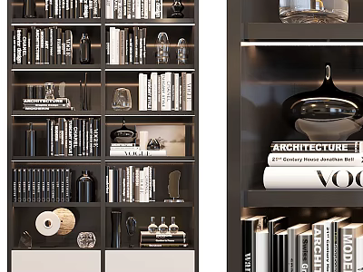 Modern Dark Wood Bookcase With Layered Shelves Neatly Arranged Books And Decorative Ornaments 3d model