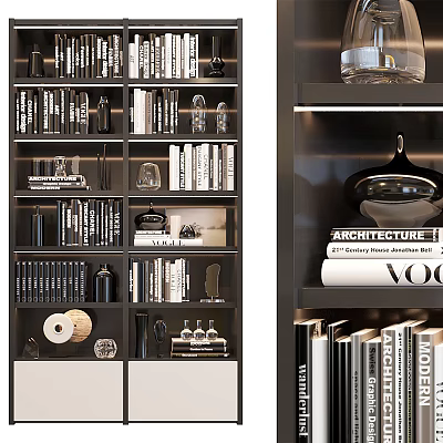Modern Dark Wood Bookcase With Layered Shelves Neatly Arranged Books And Decorative Ornaments 3d model