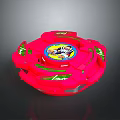 Red Spinning Weapon Toy Top With Central Cartoon Design And Green Decorative Accents