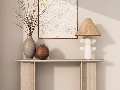 Modern Wooden Console Table With Vase Branches Pots Lamp And Wall Art 3d model