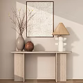Modern Wooden Console Table With Vase Branches Pots Lamp And Wall Art
