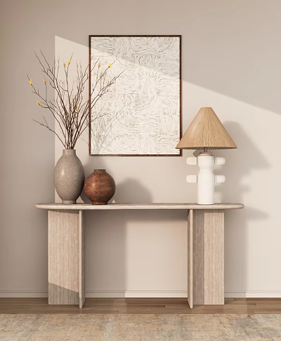Modern Wooden Console Table With Vase Branches Pots Lamp And Wall Art 3d model
