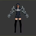 Cyber Female Character With Mechanical Arms Hoodie Outfit And Black Stockings Standing Pose