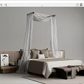 Modern Minimalist Double Bed With Wooden Headboard White Canopy And Brown Pillows