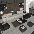 Modern Beige Sofa And Wooden Coffee Table Set With Pillows Ottoman And Floor Lamp