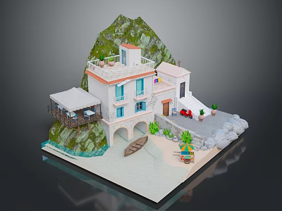 Coastal Cottage With Balcony Arched Entrance Mountain Beach View Plants Boat And Umbrella 3d model