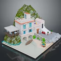 Coastal Cottage With Balcony Arched Entrance Mountain Beach View Plants Boat And Umbrella