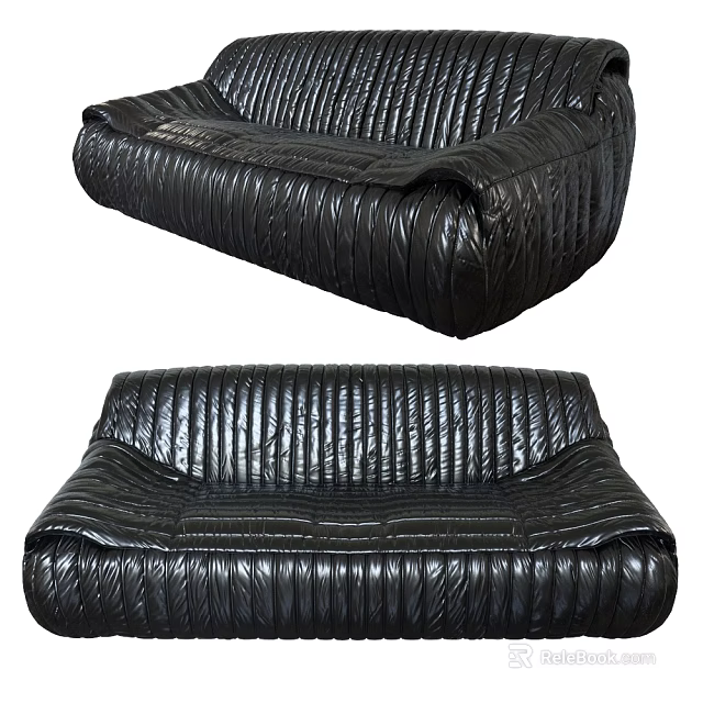 Modern Black Leather Sectional Sofa With Pleated Texture And Stylish Comfort Design 3d model 