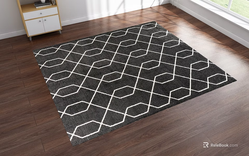 Square Rug With Black And White Geometric Pattern On Wooden Floor For Modern Home Decor 3d model 