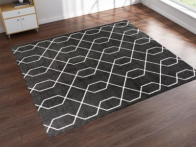 Square Rug With Black And White Geometric Pattern On Wooden Floor For Modern Home Decor 3d model