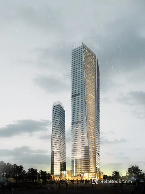 Two Modern Tall Office Buildings With Glass Facade Illuminated Under Overcast Sky 3d model 