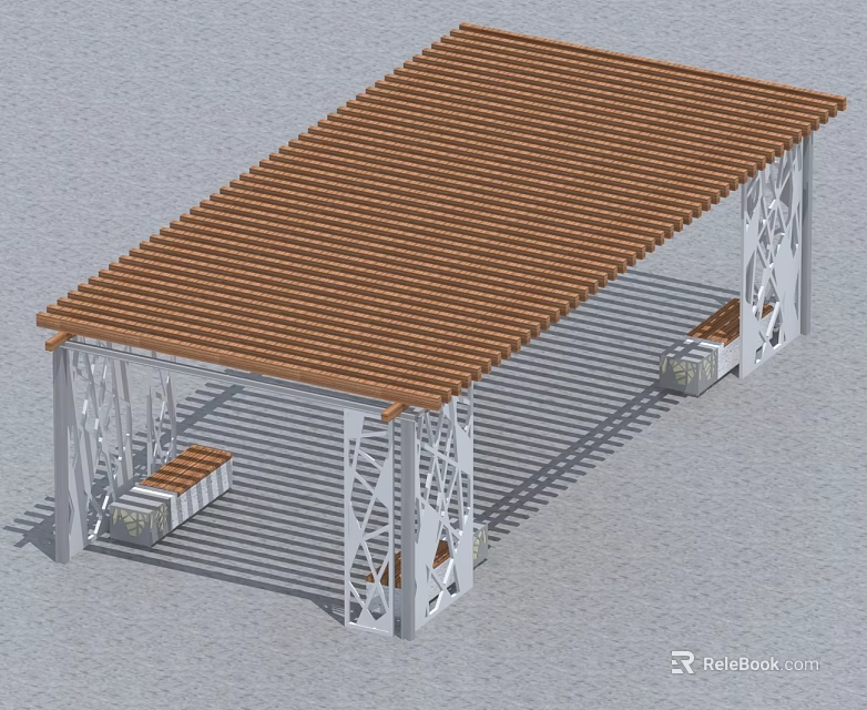 Swing Door Pavilion Design With Wooden Roof Metal Frame And Benches 3d model 