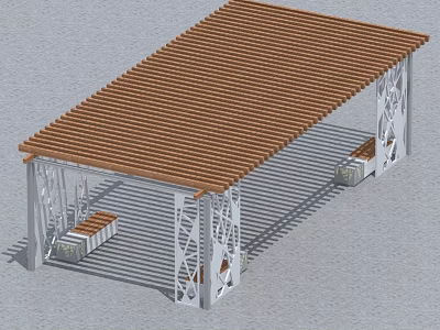 Swing Door Pavilion Design With Wooden Roof Metal Frame And Benches 3d model