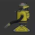 Yellow Robot With Transparent Dome Head And Mechanical Arms On Tracked Base