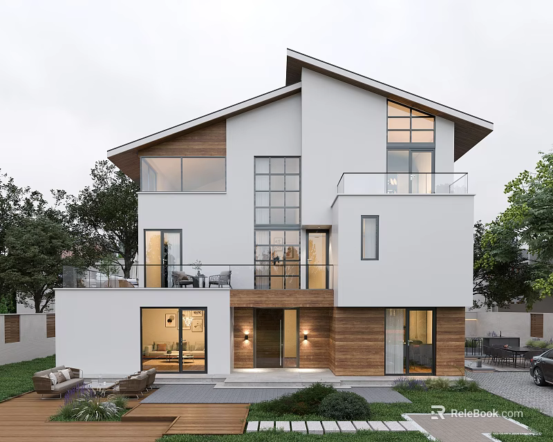 Modern Detached Villa Exterior Design with Large Windows Wooden Accents Balcony and Garden 3d model 