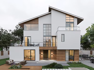 Modern Detached Villa Exterior Design with Large Windows Wooden Accents Balcony and Garden 3d model