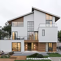 Modern Detached Villa Exterior Design with Large Windows Wooden Accents Balcony and Garden