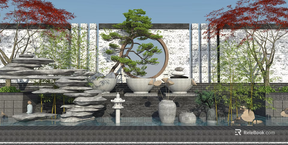 Traditional Chinese Garden Scenic Wall with Circular Window Pine Tree Rock Formations Water Basin and Bamboo 3d model 