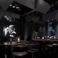 Modern Bar Interior With Dark Wooden Walls Decorative Lamps And High Stools