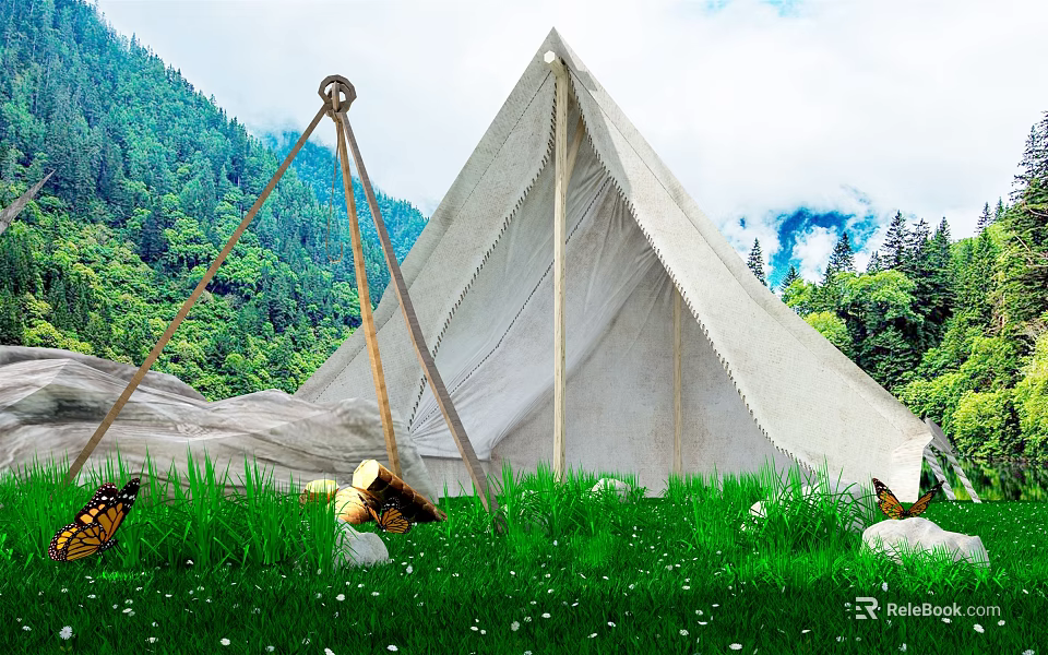 Scenic Outdoor Tent In Mountain Forest With Green Grass And Butterflies 3d model 