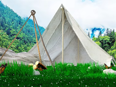 Scenic Outdoor Tent In Mountain Forest With Green Grass And Butterflies 3d model