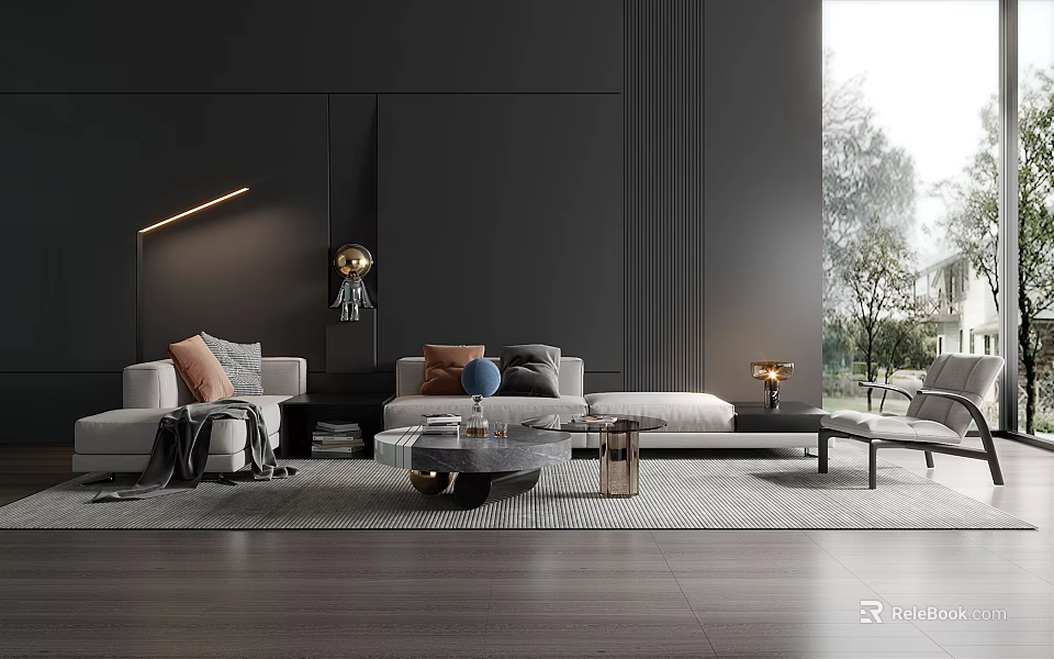 Modern Living Room Sofa Coffee Table Set With Gray Sofa Pillows And Black Wall 3d model 