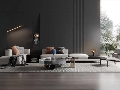 Modern Living Room Sofa Coffee Table Set With Gray Sofa Pillows And Black Wall 3d model