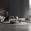 Modern Living Room Sofa Coffee Table Set With Gray Sofa Pillows And Black Wall