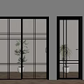 Modern Black Frame Glass Hinged Door Design With Wooden Floor And Potted Plant