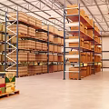 Warehouse Storage Space With Metal Racks Stacked Cartons And Green Forklift