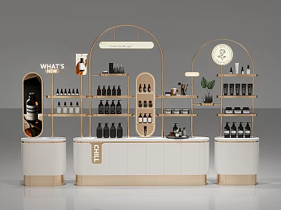 Elegant Gold Frame Display Shelves With White Counter And Skincare Bottles 3d model