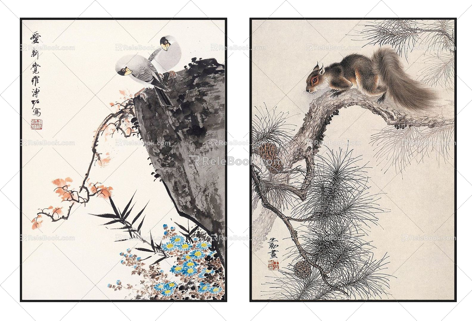 New Chinese Animal Painting Elegant Zen Flower Bird Pine Tree Squirrel Hanging Picture Combination 3d model