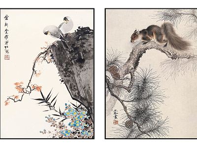 New Chinese Animal Painting Elegant Zen Flower Bird Pine Tree Squirrel Hanging Picture Combination model