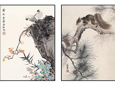 Traditional Animal Paintings With Bird On Rock Squirrel In Pine Tree Bamboo And Flowers 3d model