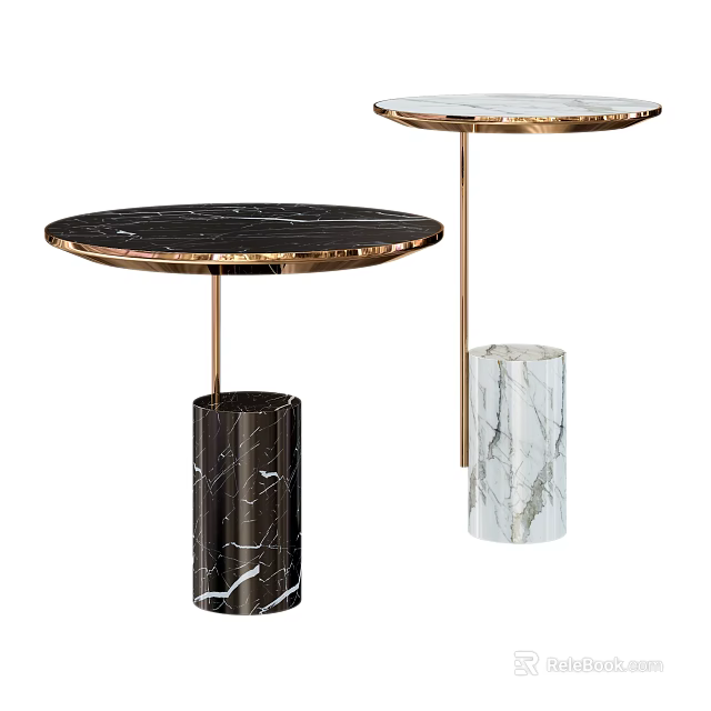 Modern Round Side Tables With Black White Marble Tabletop And Gold Metal Cylindrical Base 3d model 