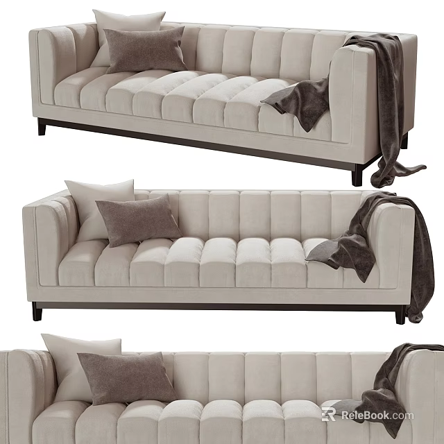 Modern Beige Two Seater Sofa With Tufted Design And Throw Blanket 3d model