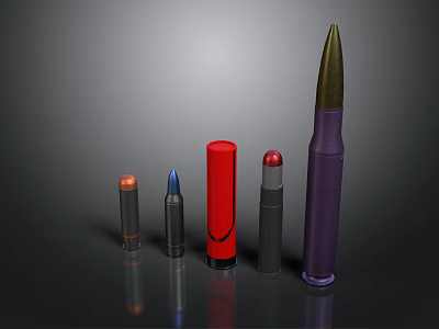 Weapon Bullets in Various Sizes and Colors Displayed with Copper Blue Red and Purple Cartridges 3d model