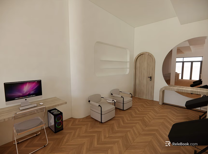 Modern Shop Front Desk Area With Computer Curved Door Round Mirror And Herringbone Floor 3d model 