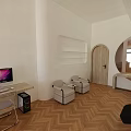 Modern Shop Front Desk Area With Computer Curved Door Round Mirror And Herringbone Floor