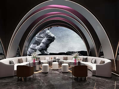 Modern KTV Lounge Interior With Astronaut Mural Curved Seating And Ambient Lighting 3d model